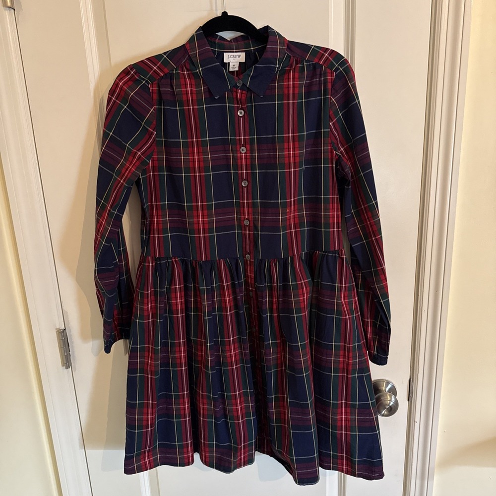 J. Crew Womens Drop Waist Shirt Dress Size 6 Blue Red Tartan Plaid Long Sleeve